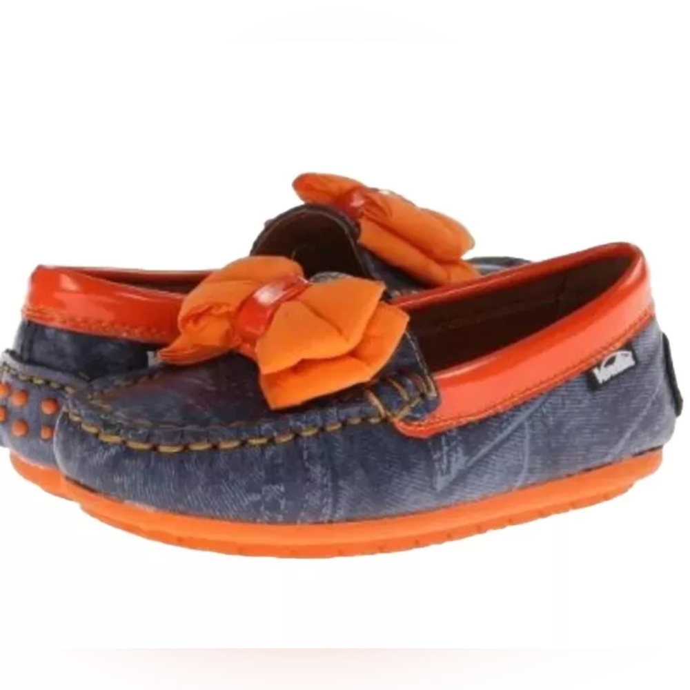 Venettini Toddler Girls Size EUR 24 US 8 Orange & Blue Loafer Bow Flat Shoes